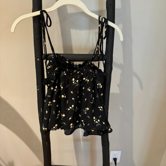 Aqua Black and Yellow Flowered Camisole with Tie-up Straps - Picture 3 of 4